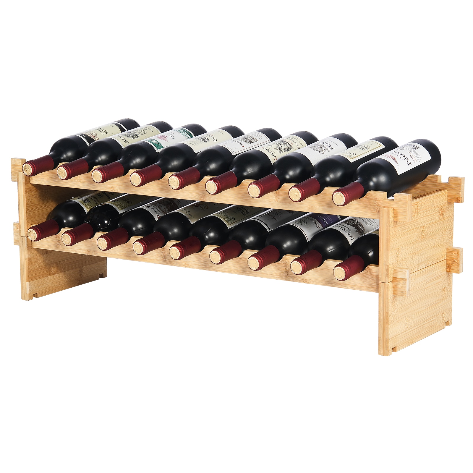 18 Bottle Stackable Modular Wine Rack Bamboo Wood Display Shelf 2-Tier_voghion.com